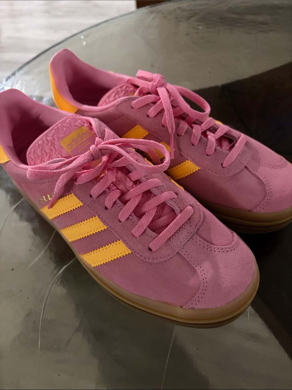 adidas Women's Suede Sneakers in Pink with Yellow Stripes